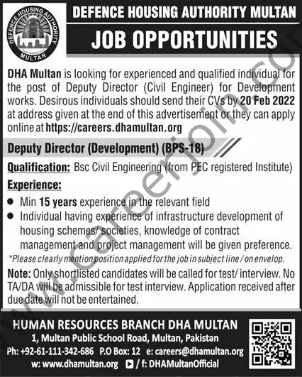 Defence Housing Authority DHA Multan Jobs 13 February 2022 Express 01