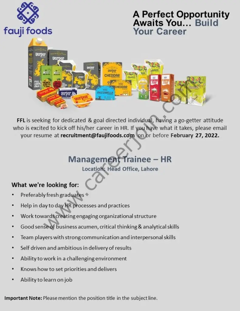 Fauji Foods Limited FFL Jobs Manager Trainee HR 01