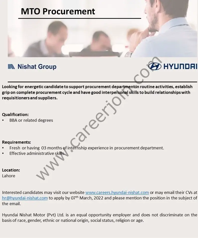 Hyundai Nishat Motors Pvt Ltd Jobs MTO Procurement 01