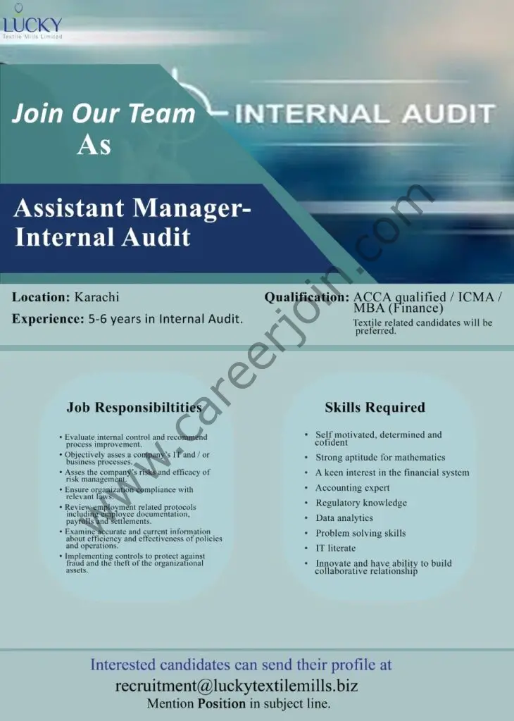 Lucky Textile Mills Ltd Jobs Assistant Manager Internal Audit 01