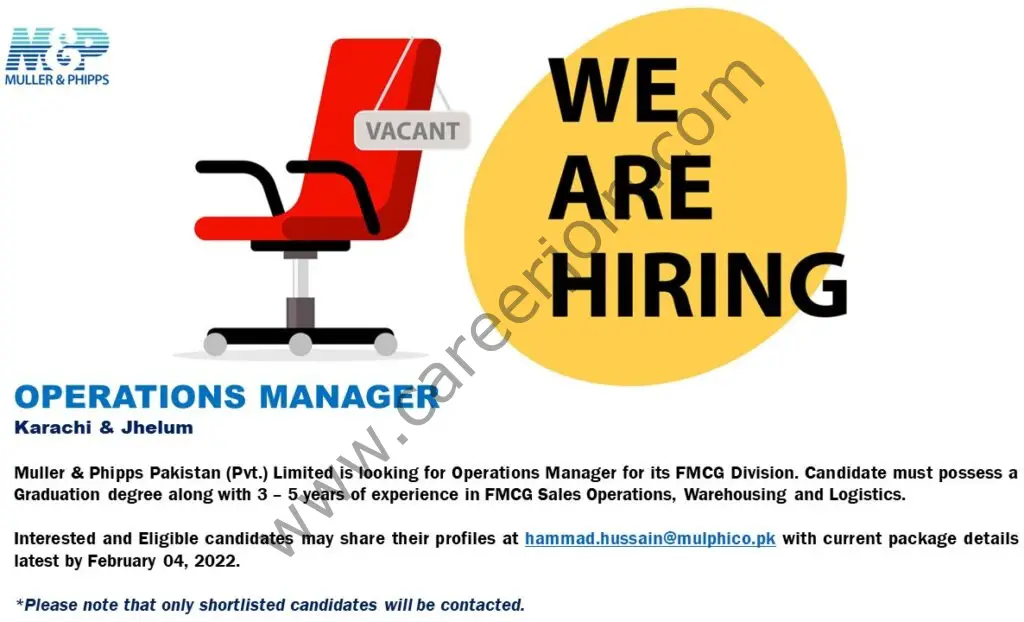 Muller & Phipps Pakistan Pvt Ltd Jobs Operations Manager 01