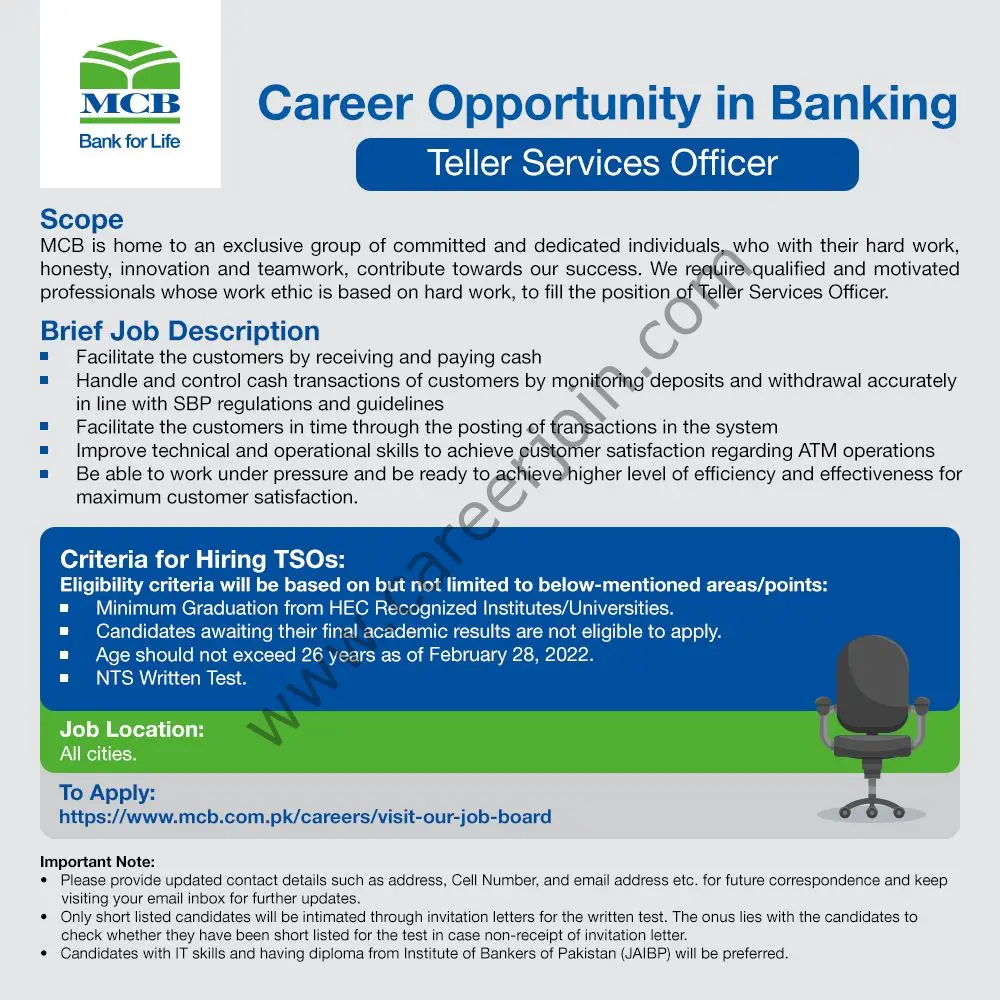 MCB Bank Limited Jobs Teller Services Officer 01