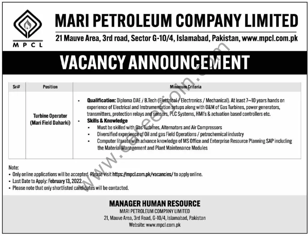 Mari Petroleum Company Ltd MPCL Jobs 06 February 2022 Dawn 01