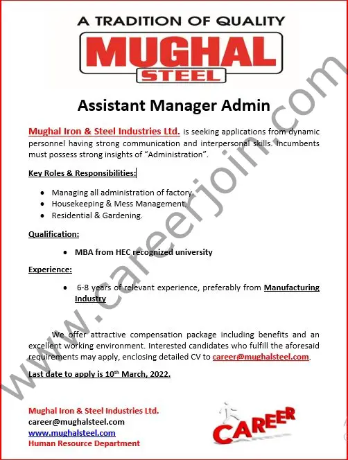 Mughal Iron & Steel Industries Limited MISIL Jobs Assistant Manager Admin 01