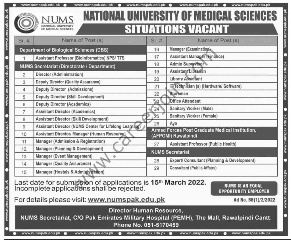 National University Of Medical Sciences NUMS Jobs 27 February 2022 Dawn 01