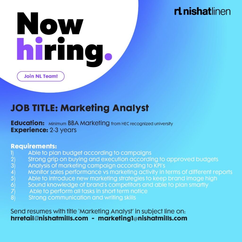 Nishat Linen NL Jobs Marketing Analyst 01