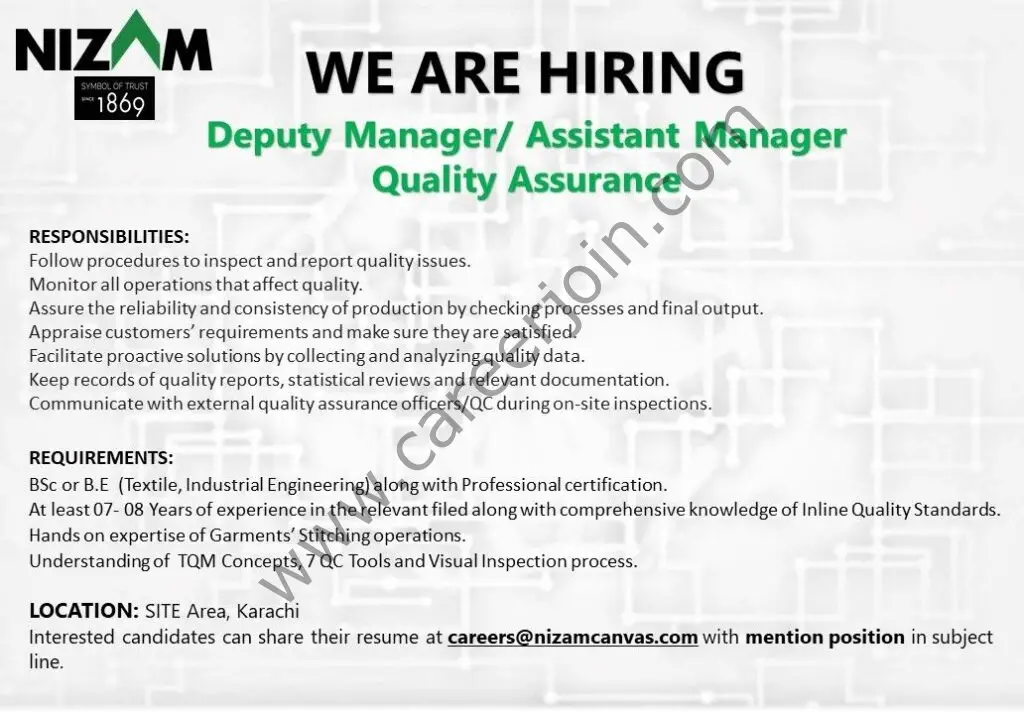 Nizam Sons Pvt Ltd Jobs Deputy Manager / Assistant Manager Quality Assurance 01