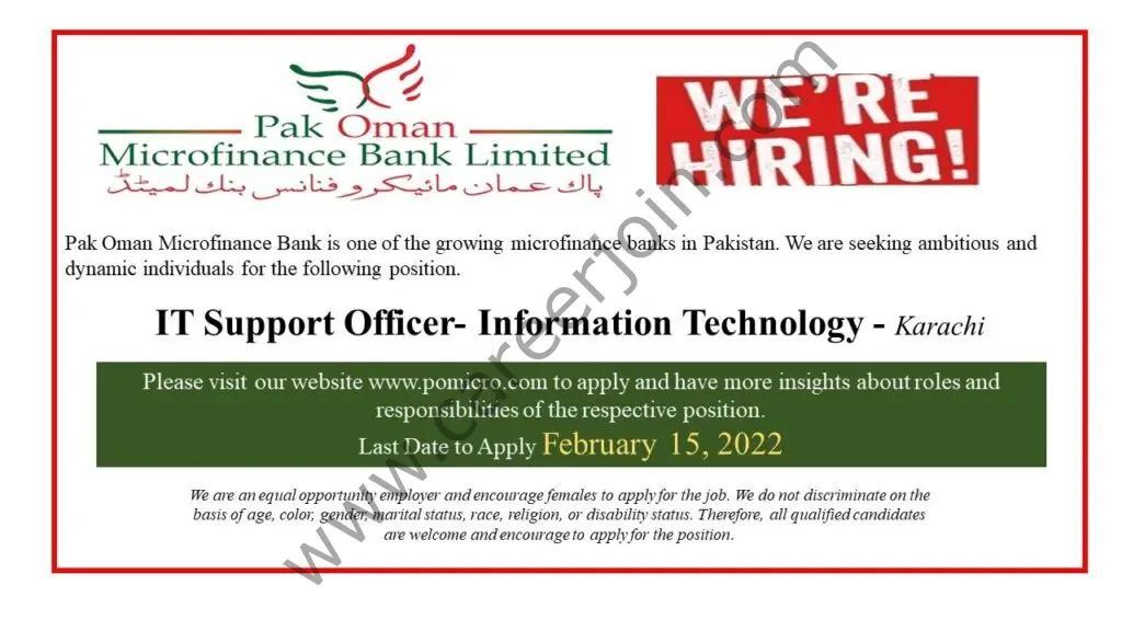 Pak Oman Microfinance Bank Ltd Jobs IT Support Officer 01