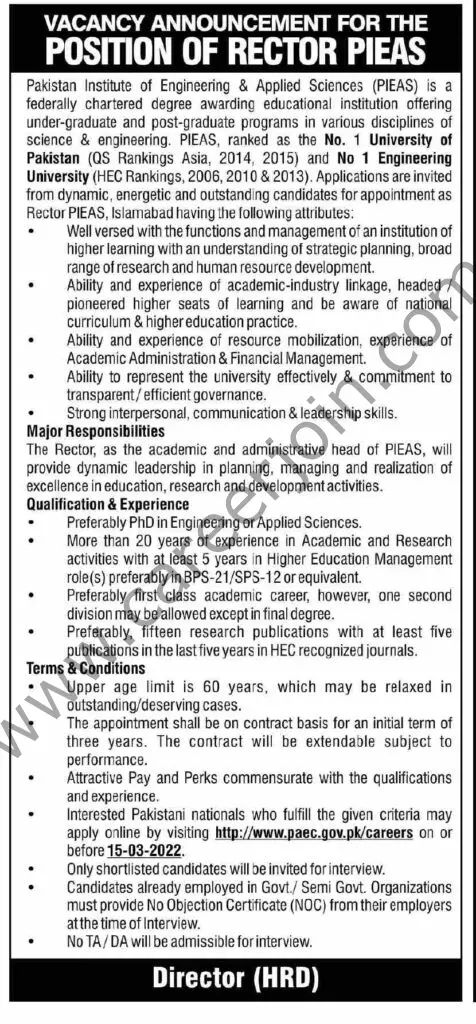 Pakistan Institute of Engineering & Applied Sciences PIEAS Jobs 13 February 2022 Dawn 01