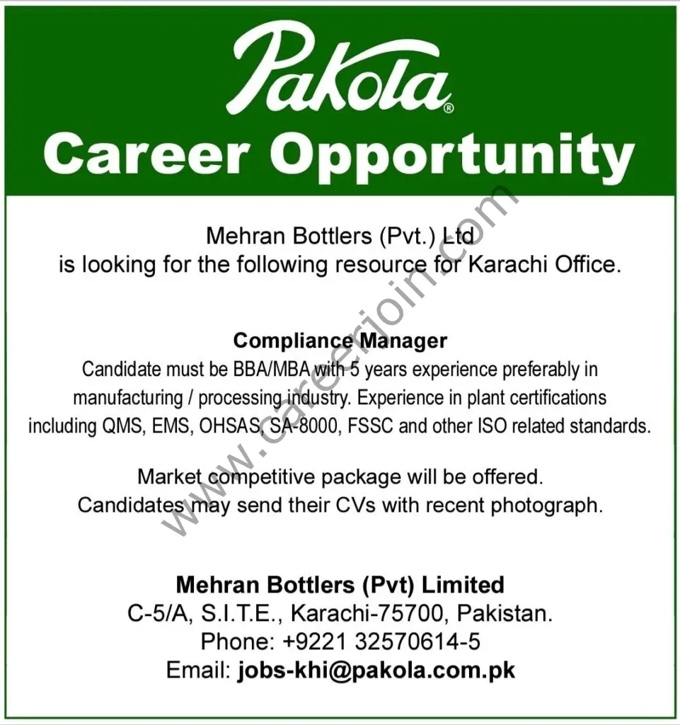 Pakola Mehran Bottlers Pvt Ltd Jobs Compliance Manager 01