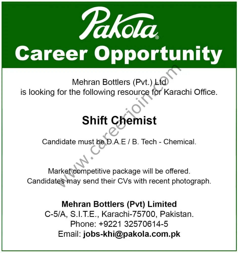 Pakola Mehran Bottlers Pvt Ltd Jobs Shift Chemist 01