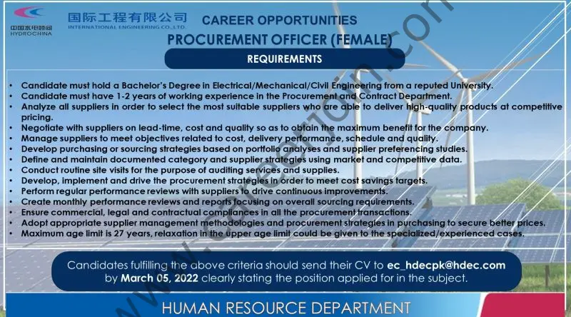 Hydro China International Engineering Corporation Limited Jobs Procurement Officer 01