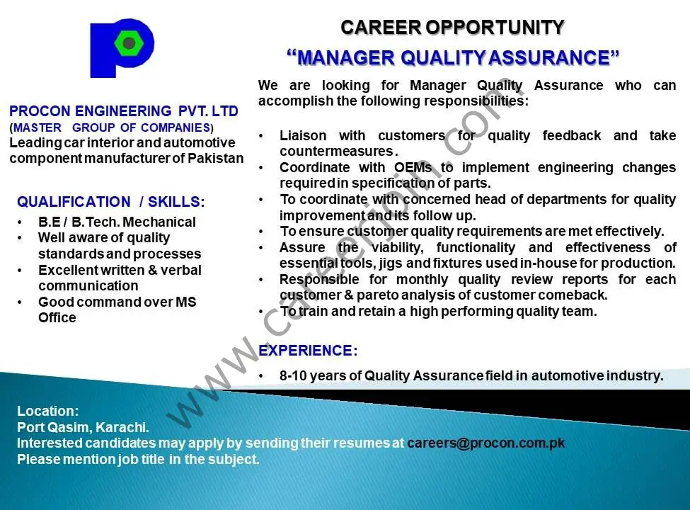 Procon Engineering Pvt Ltd Jobs Manager Quality Assurance 01