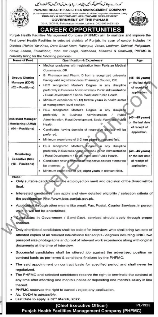 Punjab Health Facilities Management Company PHFMC Jobs 23 February 2022 Express Tribune 01