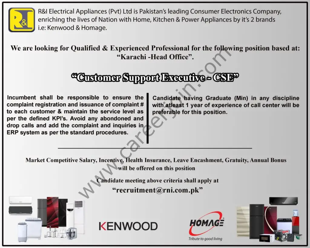 R&I Electrical Appliances Pvt Ltd Jobs Customer Support Executive CSE 01