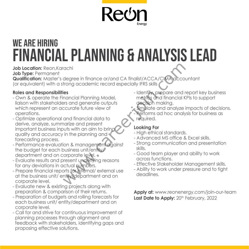 Reon Energy Limited Jobs Financial Planning & Analysis Lead 01
