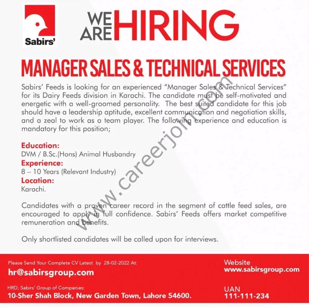 Sabirs' Feeds Jobs Manager Sales & Technical Services 01