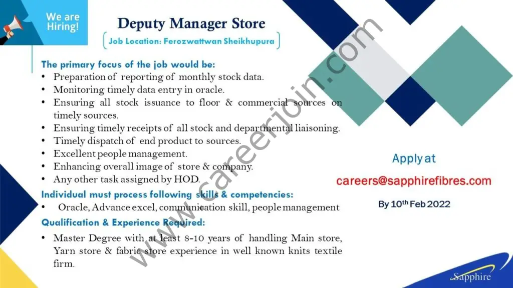 Sapphire Fibres Limited Jobs Deputy Manager Store 01
