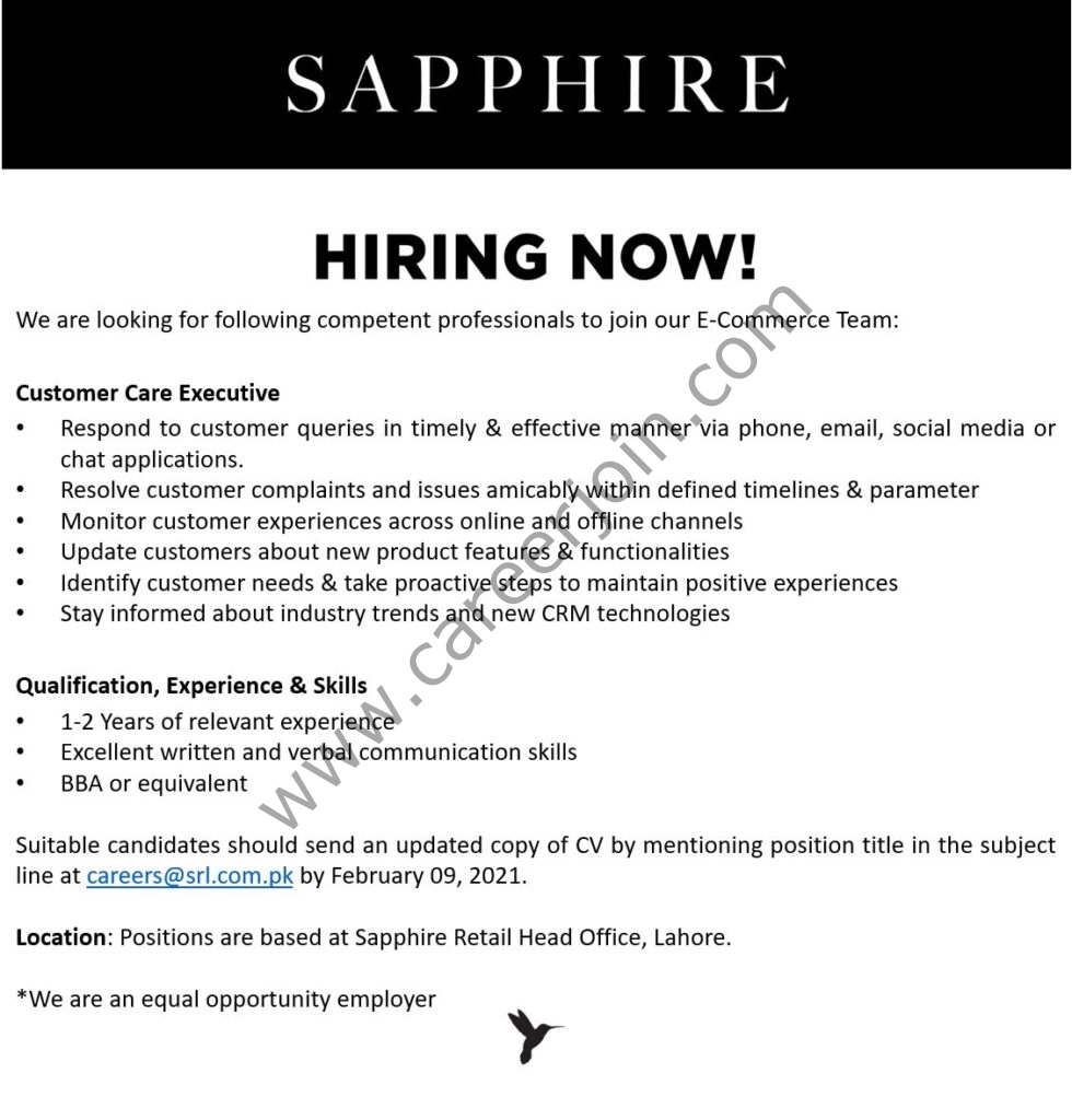 Sapphire Retail Limited SRL Jobs Customer Care Executive 01