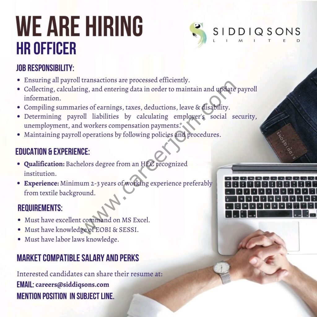 Siddiqsons Limited Jobs HR Officer 01