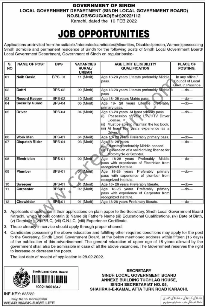 Sindh Local Government Department Jobs 13 February 2022 Express 01
