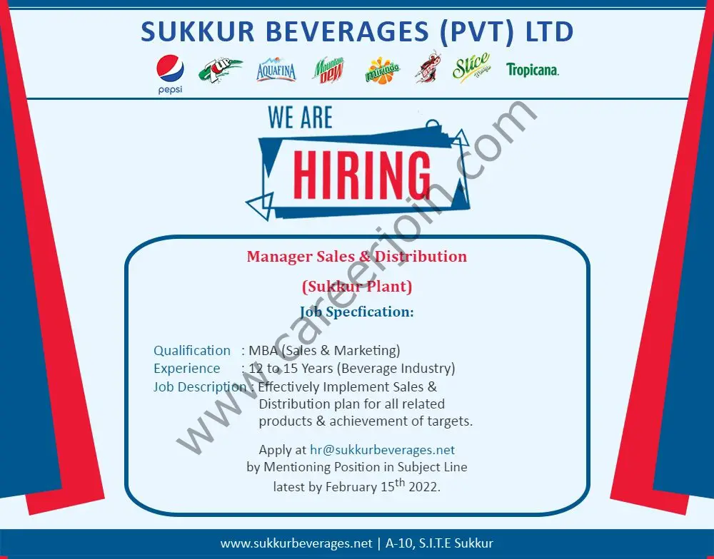 Sukkur Beverages Pvt Ltd Jobs Manager Sales & Distribution 01