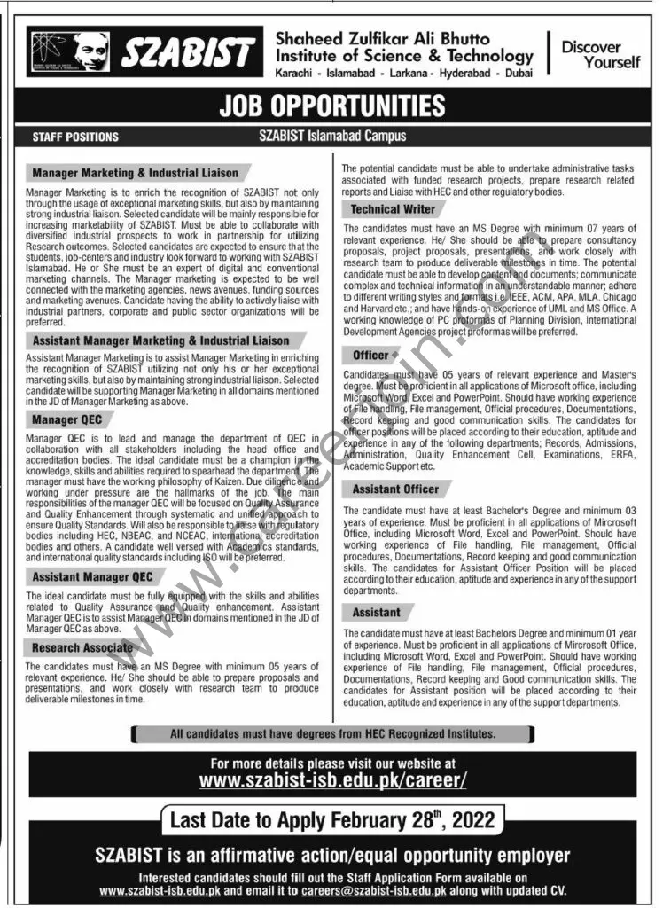 Szabist Jobs 13 February 2022 Express Tribune 01