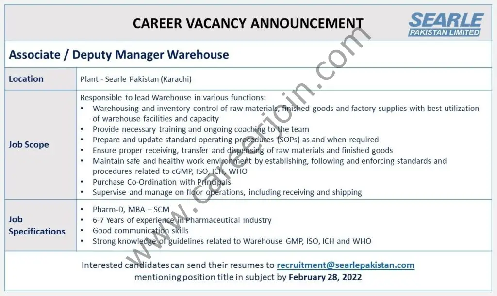 The SEARLE Company Limited Jobs Associate / Deputy Manager Warehouse 01