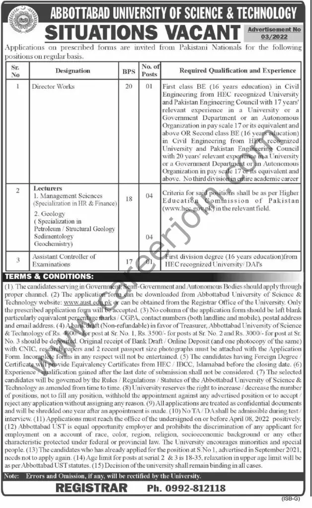 Abbottabad University Of Science & Technology AUST Jobs 25 March 2022 Dawn 01