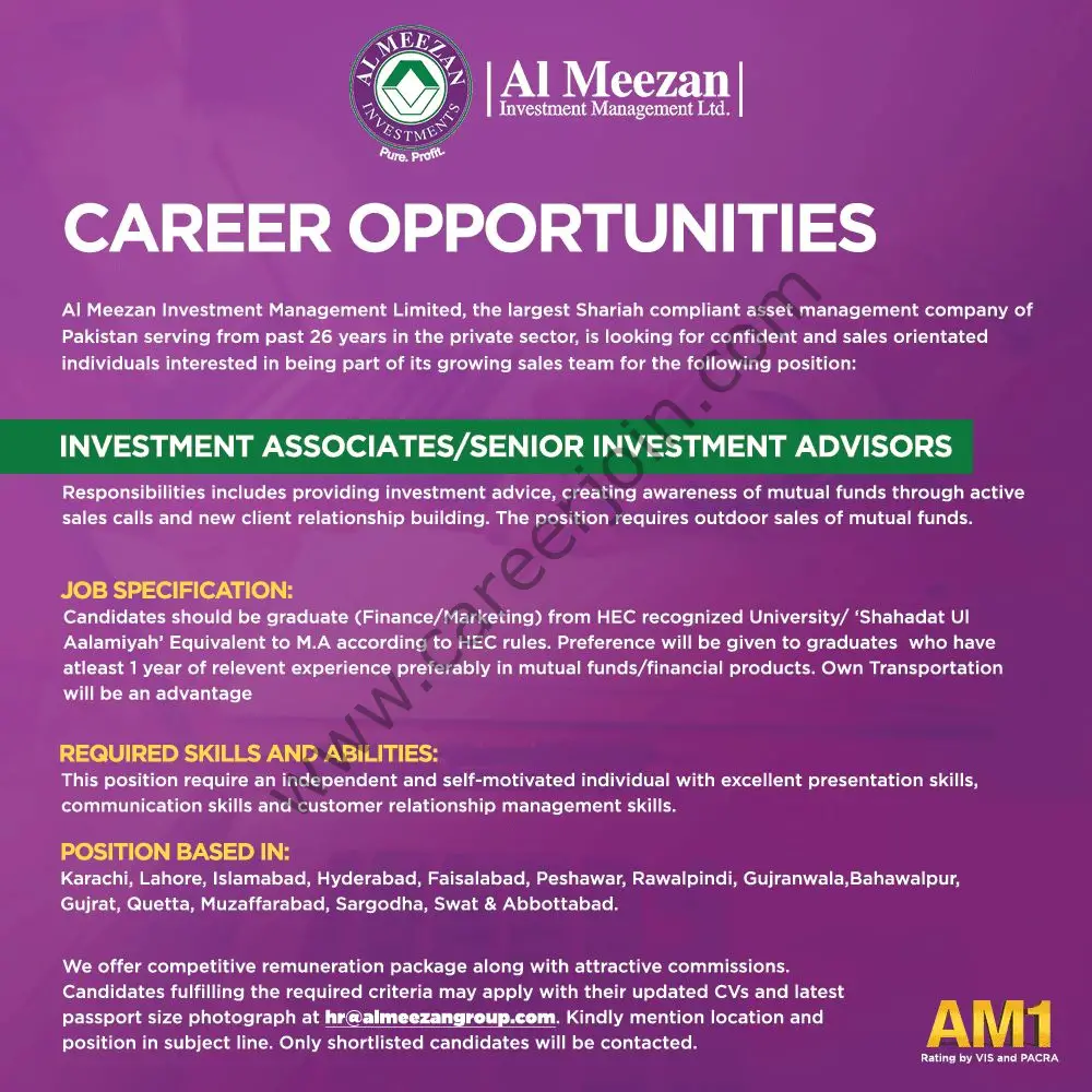 Al Meezan Investment Management Limited Jobs Investement Associate / Senior Investment Advisors 01