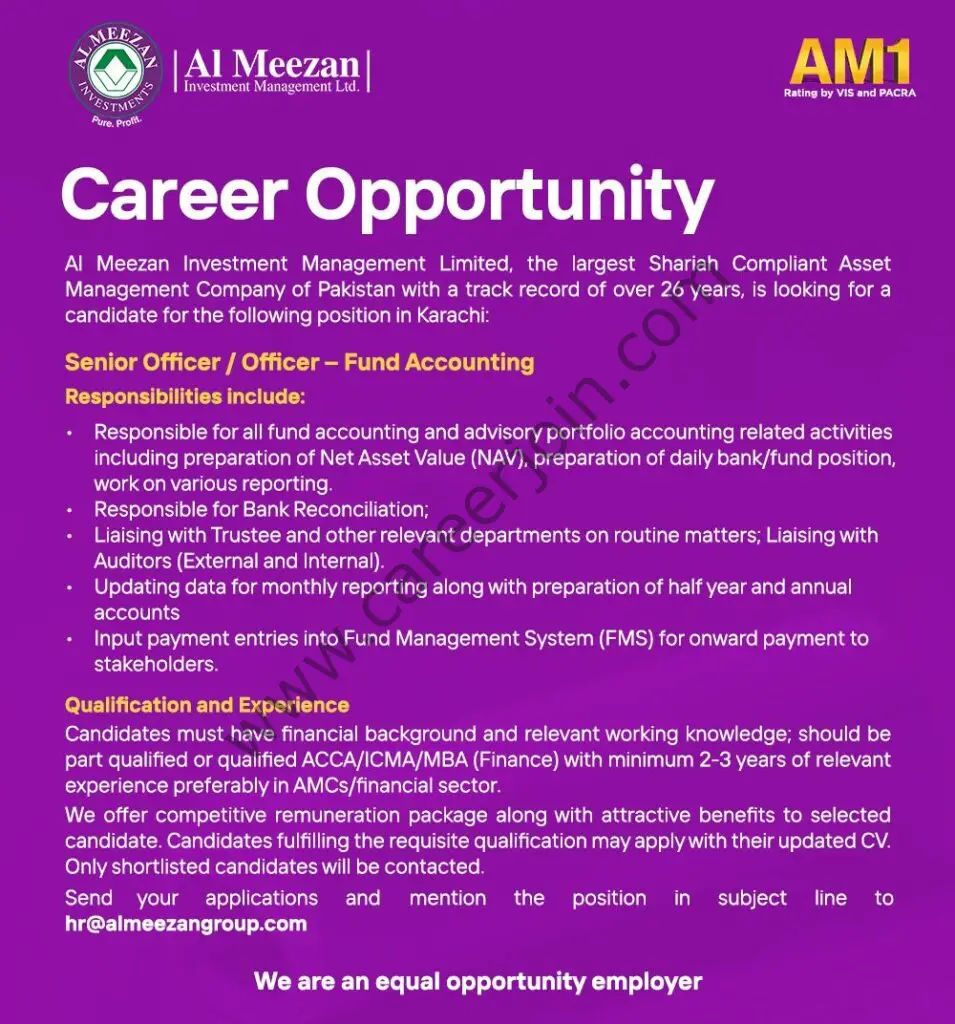 Al Meezan Investment Management Limited Jobs Senior Officer / Officer Fund Accounting 01