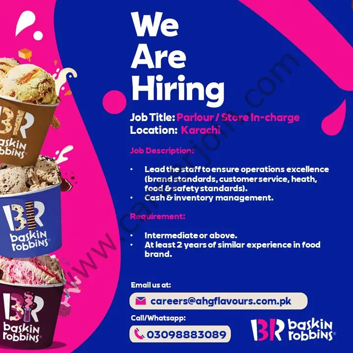 Baskin Robbins BR Pakistan Jobs Parlour / Store Incharge 01