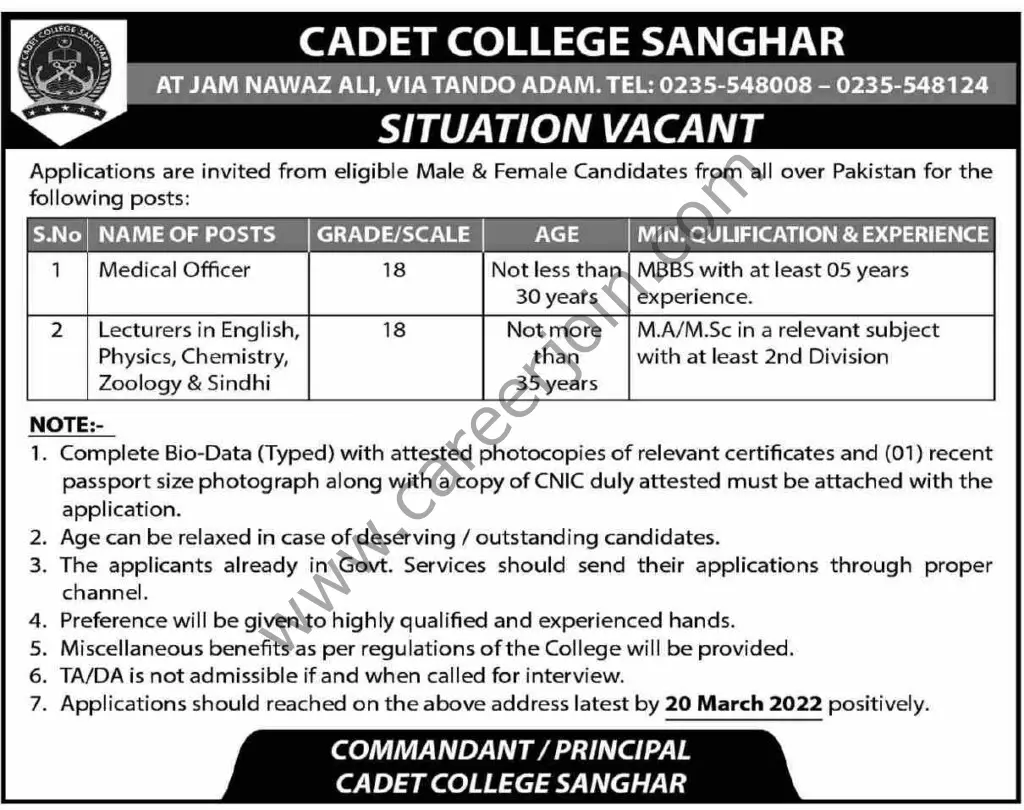 Cadet College Sanghar Jobs 06 March 2022 Dawn 01