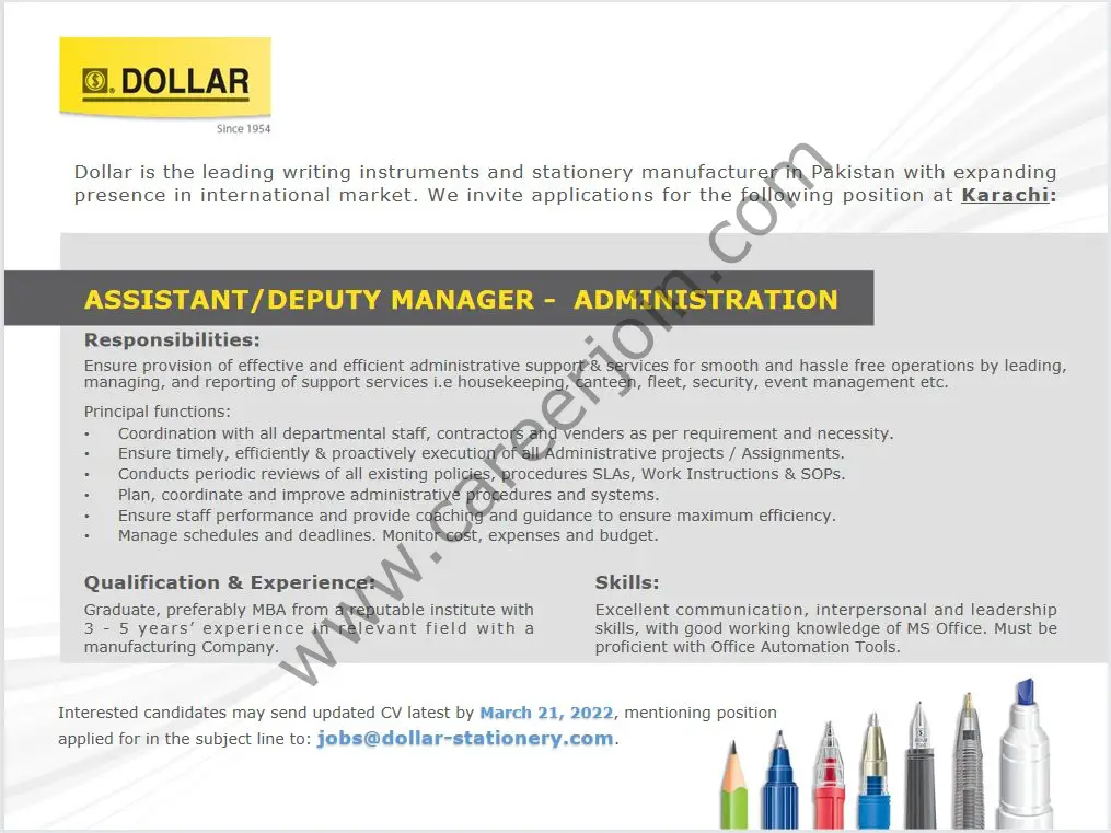 Dollar Industries Pvt Ltd Jobs Assistant / Deputy Manager Administration 01