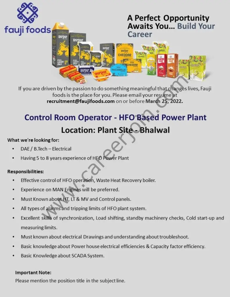 Fauji Foods Limited FFL Jobs Control Room Operator 01