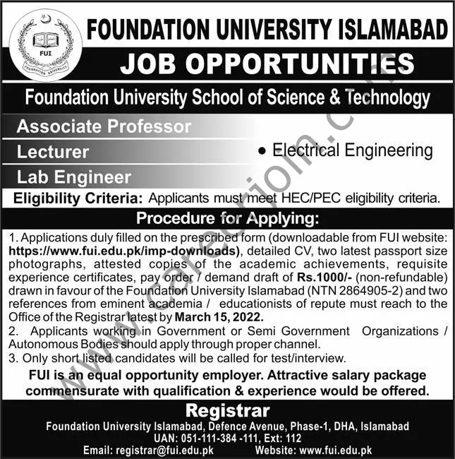 Foundation University Islamabad Jobs 03 March 2022 Express 01