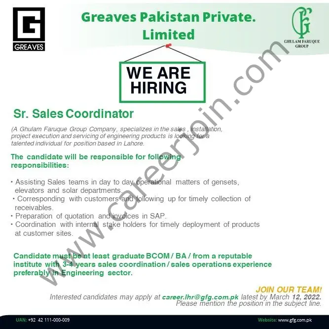 Greaves Pakistan Private Limited Jobs Senior Sales Coordinator 01