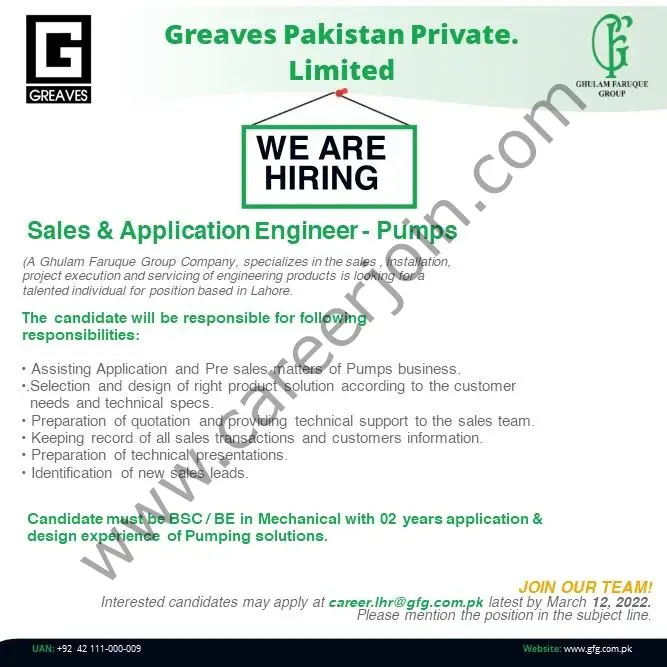 Greaves Pakistan Private Limited Jobs Sales & Application Engineer Pumps 01
