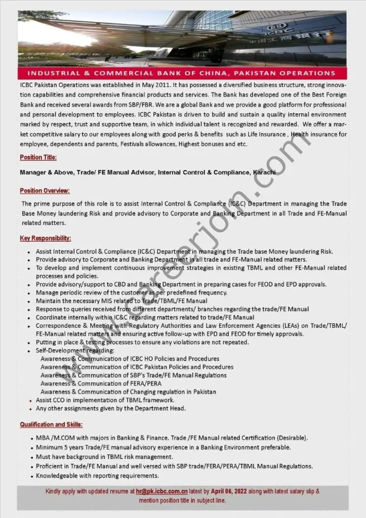 ICBC Ltd Pakistan Operations Jobs Manager 01