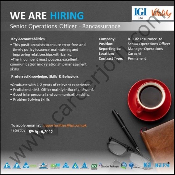 IGI Life Insurance Company Ltd Jobs Senior Operations Officer 01