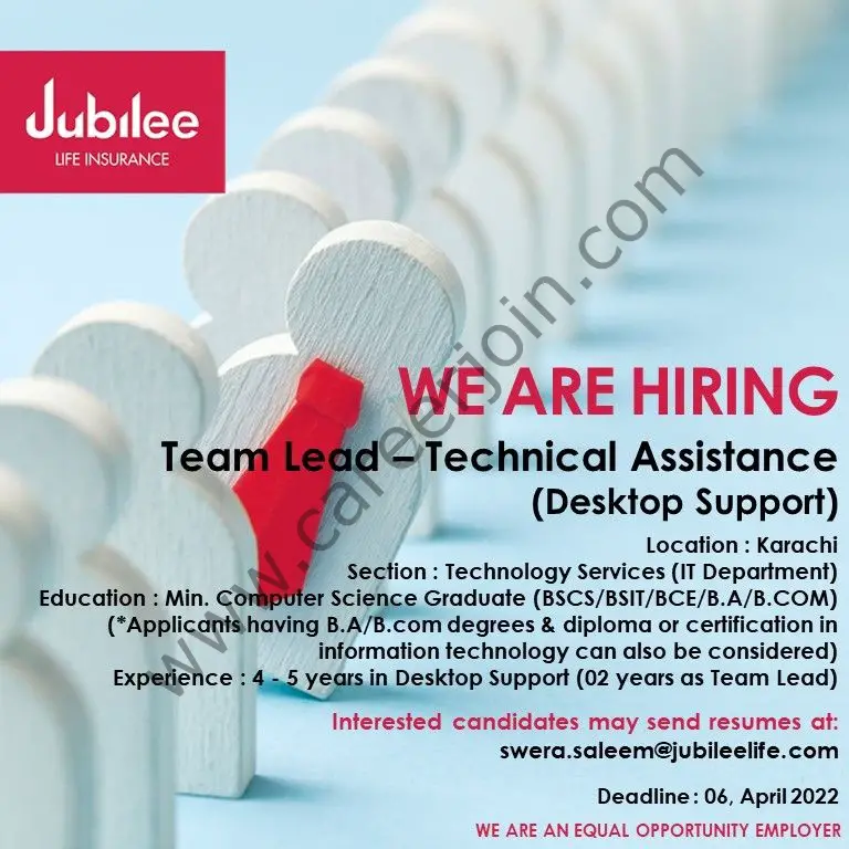 Jubilee Life Insurance Company Ltd Jobs Team Lead Technical Assistance 01