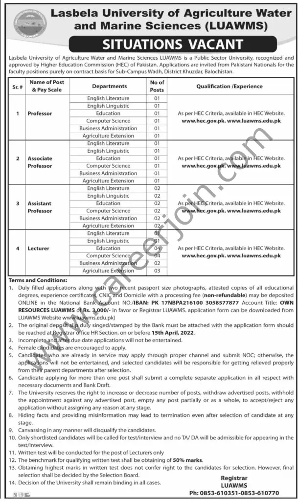 Lasbela University Of Agriculture Water & Marine Sciences LUAWMS Jobs 16 March 2022 Dawn 01