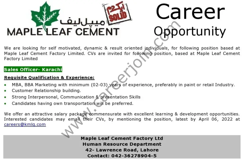 Maple Leaf Cement Factory Ltd Jobs Sales Officer 01