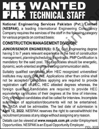 National Engineering Services Pakistan Pvt Ltd NESPAK Jobs 27 March 2022 Express Tribune 01