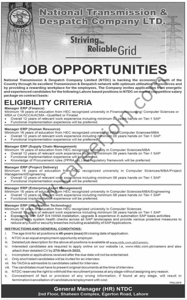 National Transmission & Despatch Company Ltd NTDC Jobs 13 March 2022 Express Tribune 01