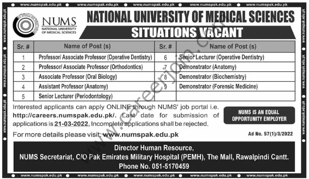 National University Of Medical Sciences NUMS Jobs 06 March 2022 Dawn 01