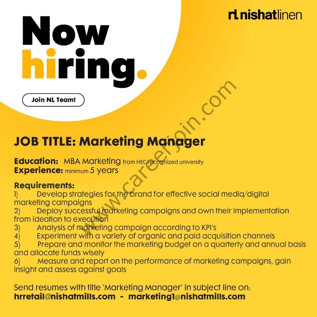 Nishat Linen NL Jobs Marketing Manager 01