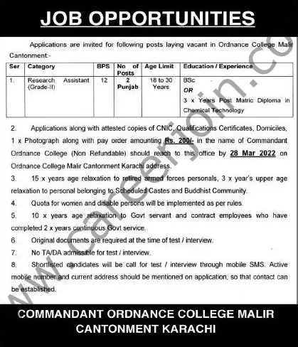 Ordinance College Malir Jobs 13 March 2022 Express Tribune 01