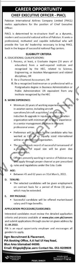 Pakistan International Airlines Company Ltd PIACL Jobs 27 March 2022 Express Tribune 01