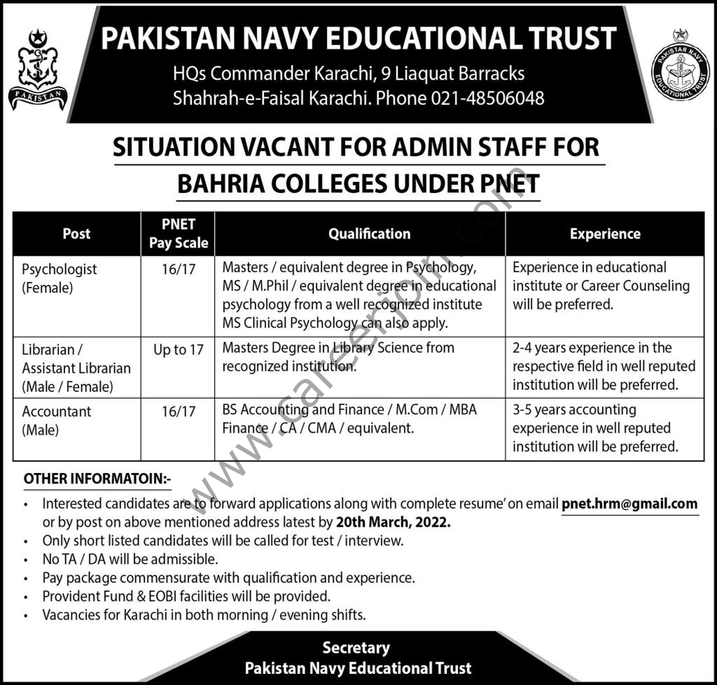 Pakistan Navy Educational Trust Jobs 06 March 2022 Express 01